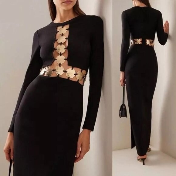 STAUD BLACK DELPHINE GOLD LOGO COIN CUTOUT MAXI DRESS BLACK SZ 8 LONG SLEEVE - Picture 15 of 15